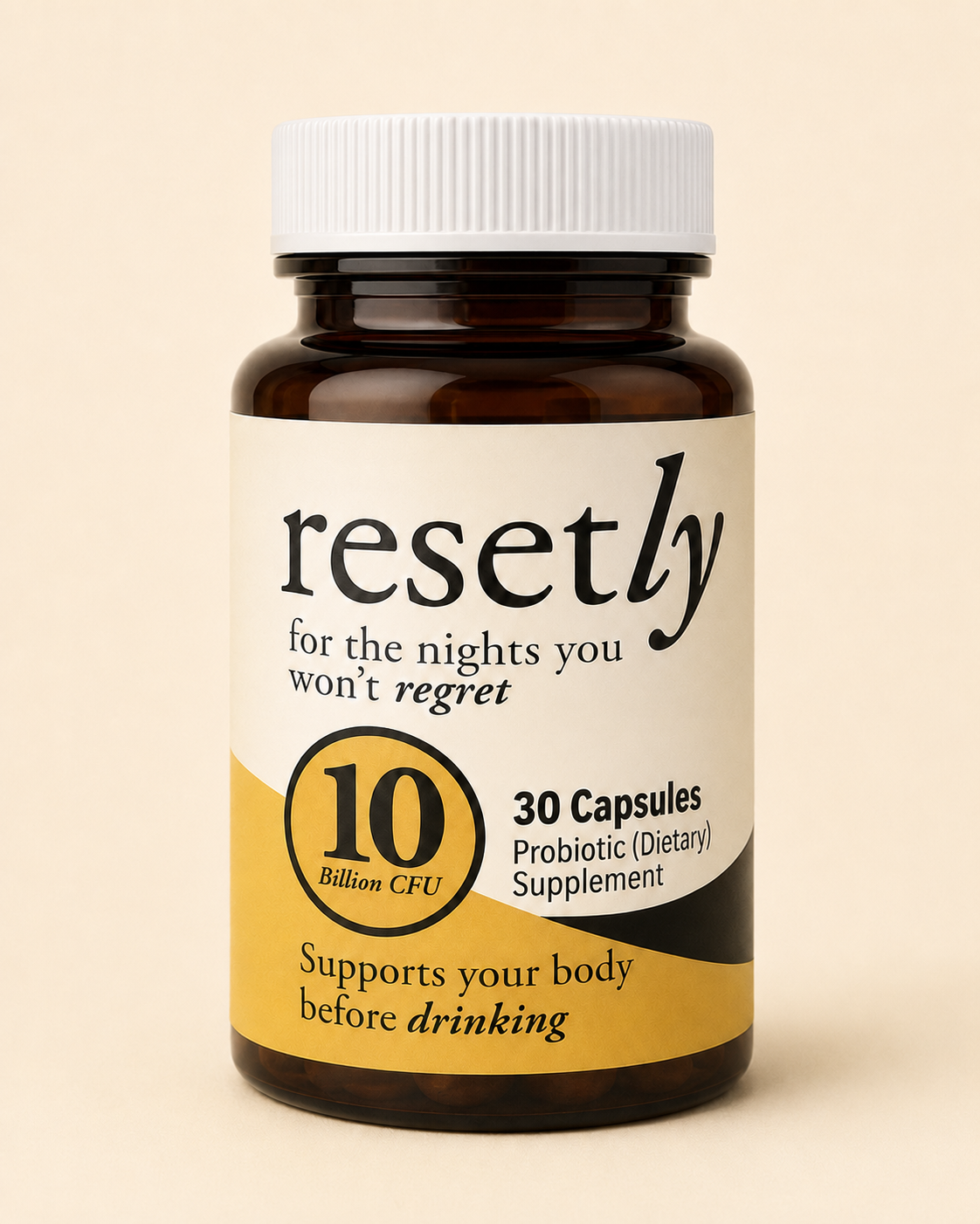 Studio rendition of a Resetly 10 billion CFU probiotic supplement bottle